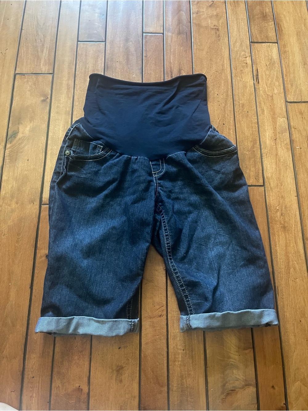 Indigo Blue Premium Maternity Denim Bermuda Shorts-Medium